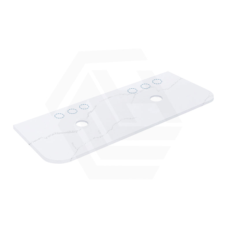 12mm Thick Lukka Calacatta White Solid Surface Stone Vanity Top with Curved Edge, Center Waste Hole, 605-1805mm, Semi-Drilled Tap Hole at 12/10/2 O'clock Positions at Back