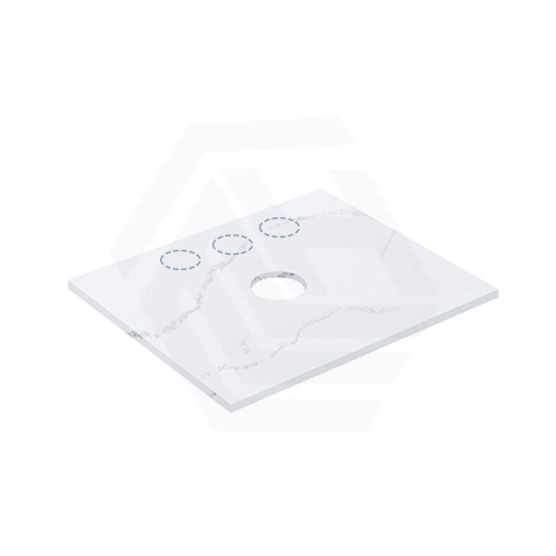 12mm Thick Lukka Calacatta White Solid Surface Stone Vanity Top with Center Waste Hole, 605-1505mm, Semi-Drilled Tap Hole at 12/10/2 O'clock Positions at Back