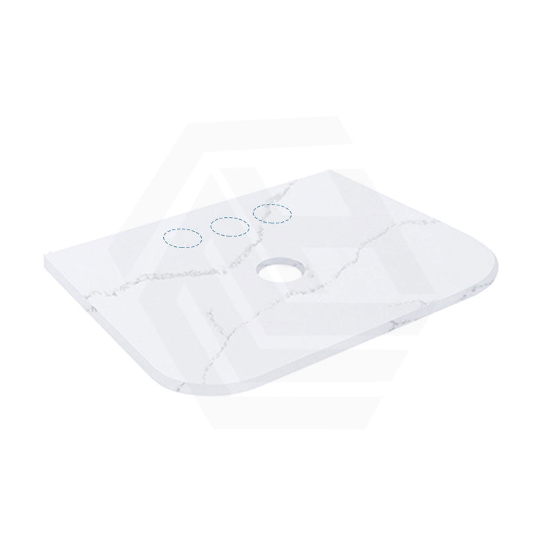 12mm Thick Lukka Calacatta White Solid Surface Stone Vanity Top with Curved Edge, Center Waste Hole, 605-1805mm, Semi-Drilled Tap Hole at 12/10/2 O'clock Positions at Back