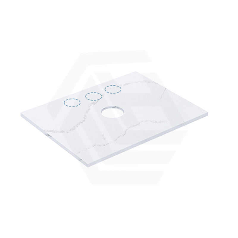 12mm Thick Lukka Calacatta White Solid Surface Stone Vanity Top with Center Waste Hole, 605-1505mm, Semi-Drilled Tap Hole at 12/10/2 O'clock Positions at Back