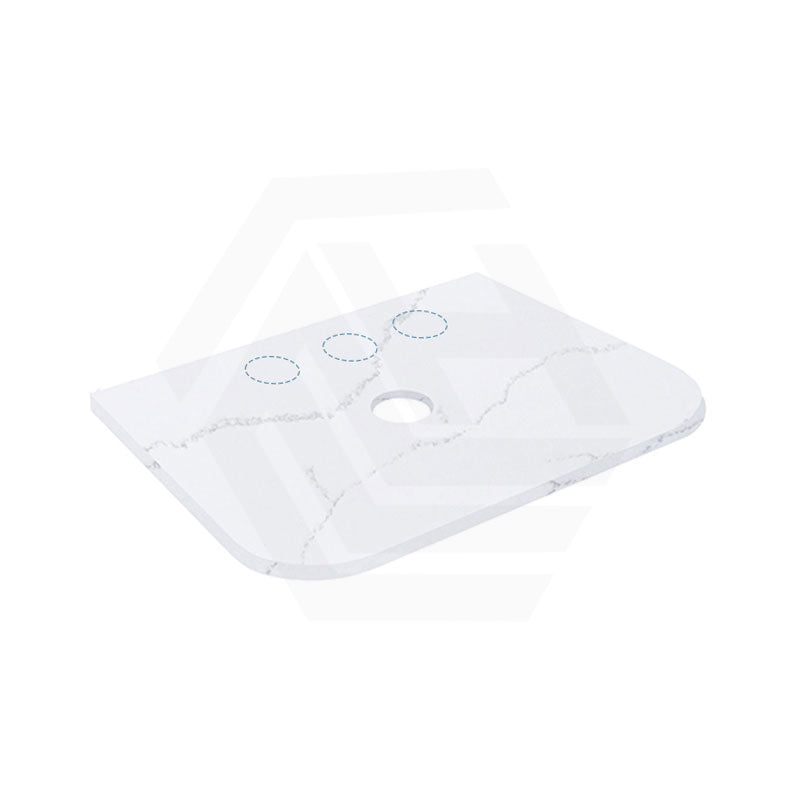 12mm Thick Lukka Calacatta White Solid Surface Stone Vanity Top with Curved Edge, Center Waste Hole, 605-1805mm, Semi-Drilled Tap Hole at 12/10/2 O'clock Positions at Back
