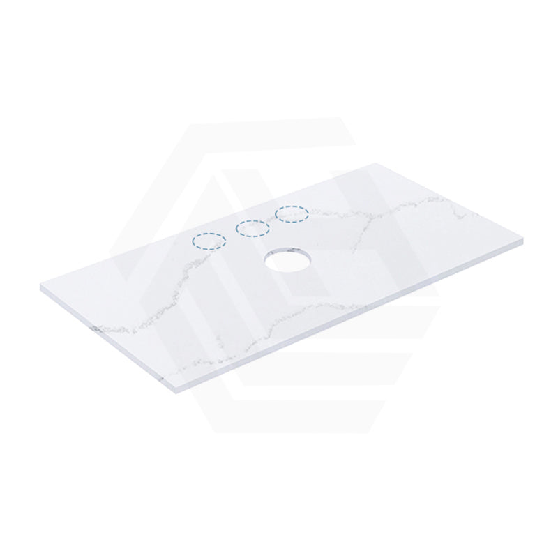 12mm Thick Lukka Calacatta White Solid Surface Stone Vanity Top with Center Waste Hole, 605-1505mm, Semi-Drilled Tap Hole at 12/10/2 O'clock Positions at Back