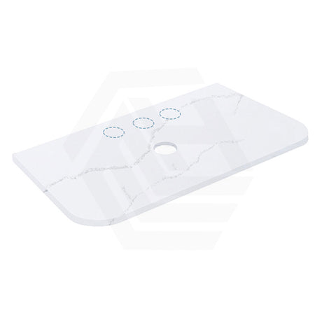 12mm Thick Lukka Calacatta White Solid Surface Stone Vanity Top with Curved Edge, Center Waste Hole, 605-1805mm, Semi-Drilled Tap Hole at 12/10/2 O'clock Positions at Back