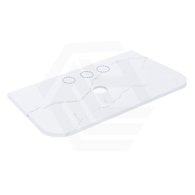12mm Thick Lukka Calacatta White Solid Surface Stone Vanity Top with Curved Edge, Center Waste Hole, 605-1805mm, Semi-Drilled Tap Hole at 12/10/2 O'clock Positions at Back