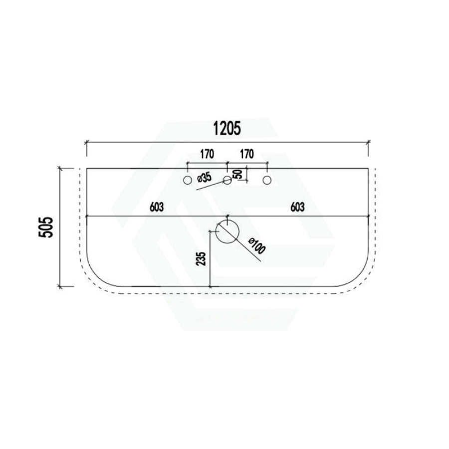 12mm Thick Lukka Calacatta Night Solid Surface Stone Vanity Top with Curved Edge, Center Waste Hole, 605-1805mm, Semi-Drilled Tap Hole at 12/10/2 O'clock Positions