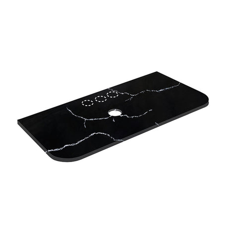 12mm Thick Lukka Calacatta Night Solid Surface Stone Vanity Top with Curved Edge, Center Waste Hole, 605-1805mm, Semi-Drilled Tap Hole at 12/10/2 O'clock Positions