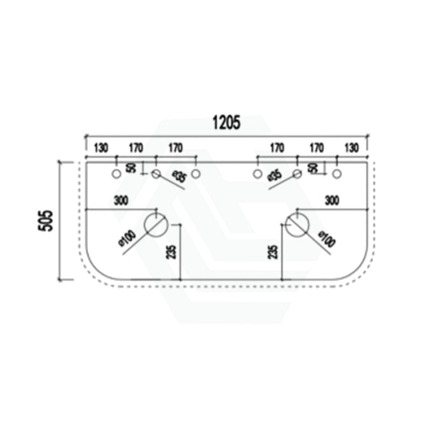 12mm Thick Lukka Calacatta Night Solid Surface Stone Vanity Top with Curved Edge, Center Waste Hole, 605-1805mm, Semi-Drilled Tap Hole at 12/10/2 O'clock Positions