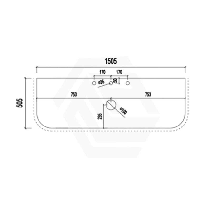 12mm Thick Lukka Calacatta Night Solid Surface Stone Vanity Top with Curved Edge, Center Waste Hole, 605-1805mm, Semi-Drilled Tap Hole at 12/10/2 O'clock Positions