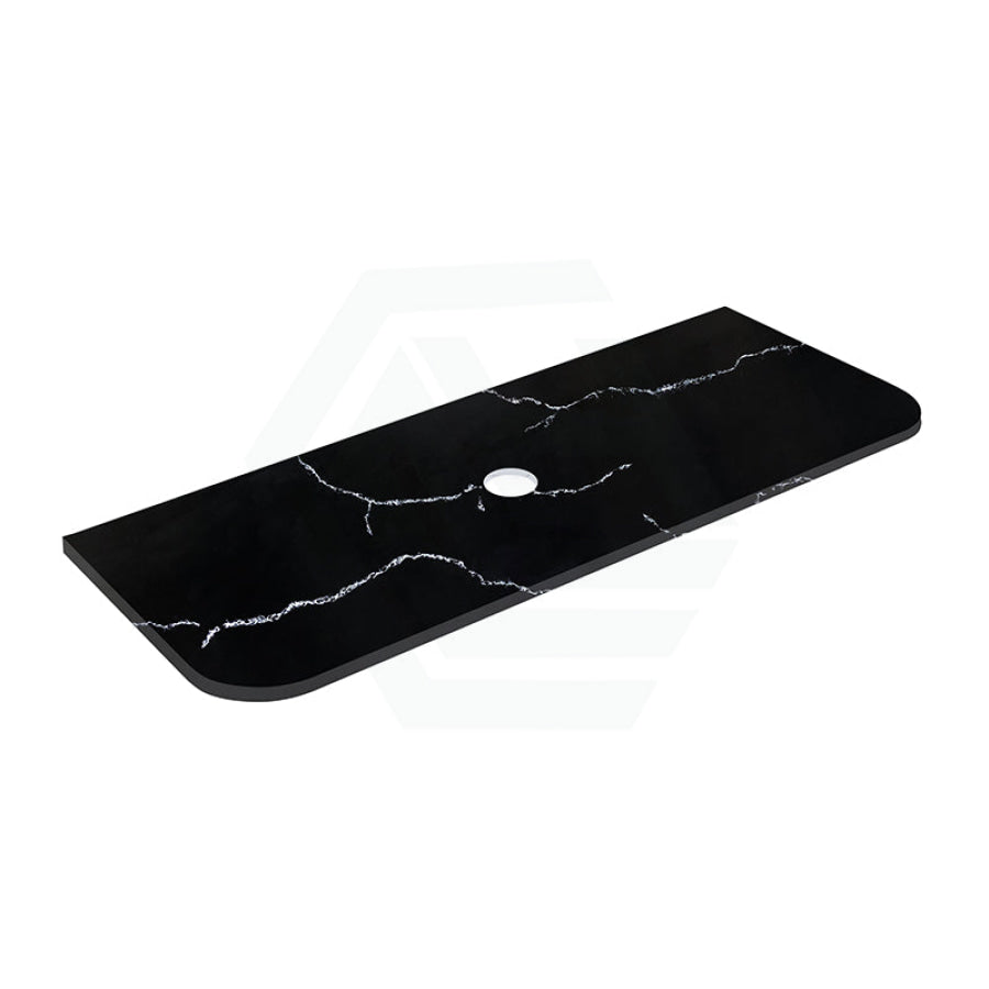 12mm Thick Lukka Calacatta Night Solid Surface Stone Vanity Top with Curved Edge, Center Waste Hole, 605-1805mm, Semi-Drilled Tap Hole at 12/10/2 O'clock Positions