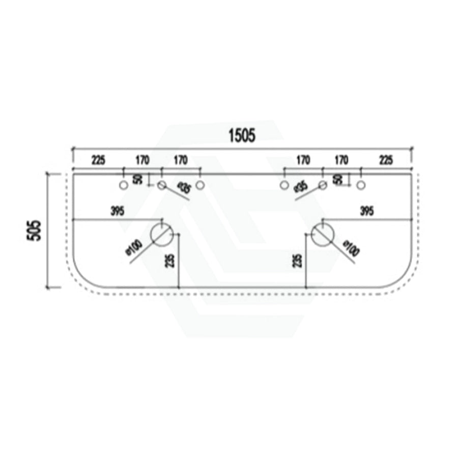 12mm Thick Lukka Calacatta Night Solid Surface Stone Vanity Top with Curved Edge, Center Waste Hole, 605-1805mm, Semi-Drilled Tap Hole at 12/10/2 O'clock Positions