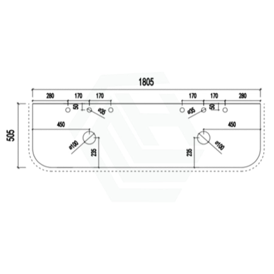 12mm Thick Lukka Calacatta Night Solid Surface Stone Vanity Top with Curved Edge, Center Waste Hole, 605-1805mm, Semi-Drilled Tap Hole at 12/10/2 O'clock Positions