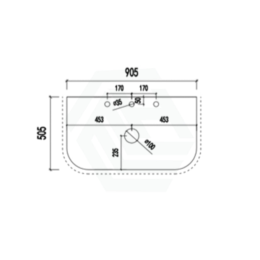 12mm Thick Lukka Calacatta Night Solid Surface Stone Vanity Top with Curved Edge, Center Waste Hole, 605-1805mm, Semi-Drilled Tap Hole at 12/10/2 O'clock Positions