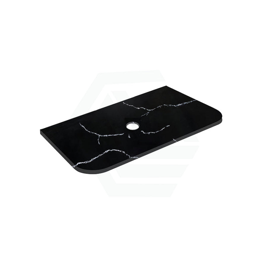 12mm Thick Lukka Calacatta Night Solid Surface Stone Vanity Top with Curved Edge, Center Waste Hole, 605-1805mm, Semi-Drilled Tap Hole at 12/10/2 O'clock Positions