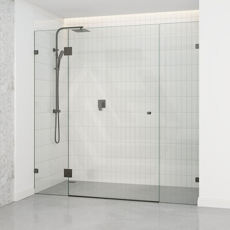 Tempered Glass Frameless Shower Screen Wall To Wall 3 Panels Gunmetal Grey