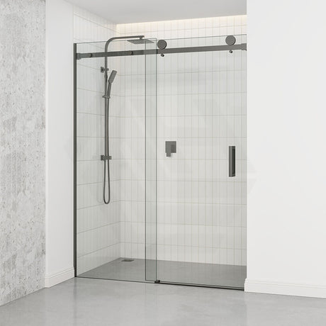 Tempered Glass Wall To Wall Sliding Shower Screen Frameless Square Handle Gunmetal Grey