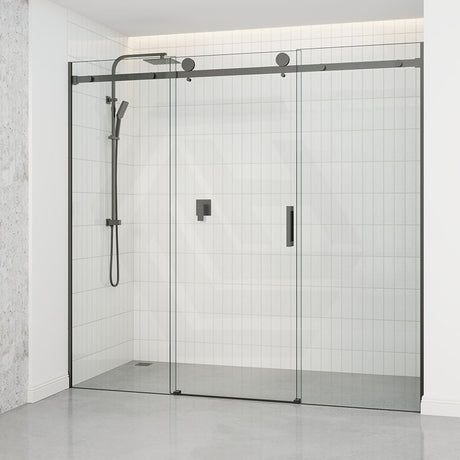 Tempered Glass Sliding Shower Screen 3 Panels Frameless Wall To Wall Gunmetal Grey