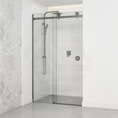 Tempered Glass Wall To Wall Sliding Shower Screen Frameless Round Handle Gunmetal Grey