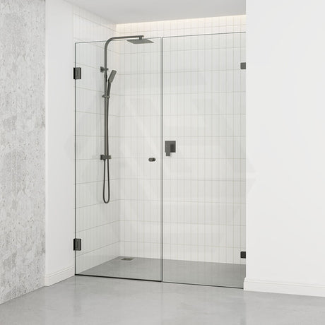 Tempered Glass Frameless Shower Screen Wall To Wall 2 Panels Pivot 940-1425mm Gunmetal Grey