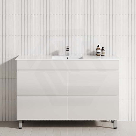 Gloss white 1200mm bathroom vanity with a single bowl, 4 drawers