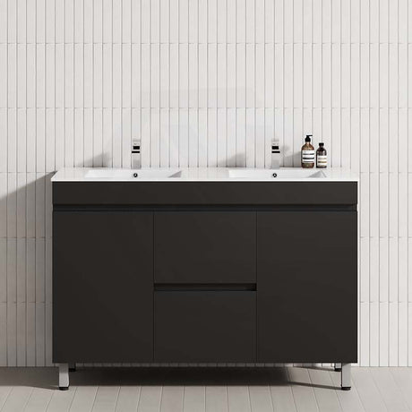 Modern bathroom vanity with double bowls featuring a matte black cabinet with drawers and doors