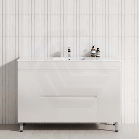 White 1200mm freestanding bathroom vanity with a single bowl, featuring two drawers and two doors