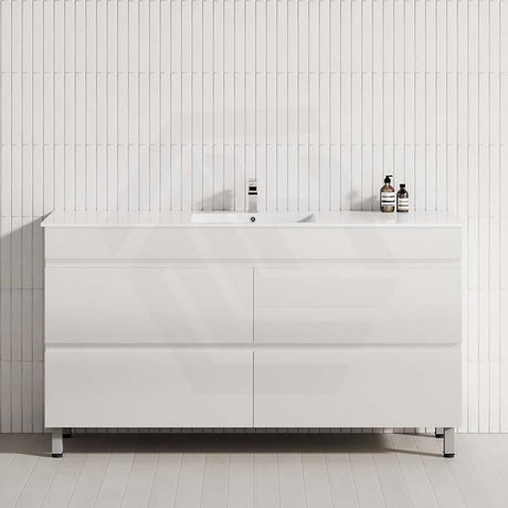 Freestanding 1500mm gloss white bathroom vanity with a single bowl, and 4 storage drawers