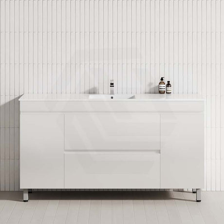 1500mm gloss white freestanding bathroom vanity with single bowl, two drawers and 2 doors