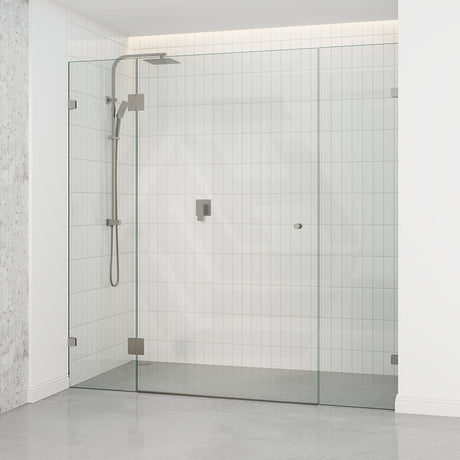 Tempered Glass Frameless Shower Screen Wall To Wall 3 Panels Brushed Nickel