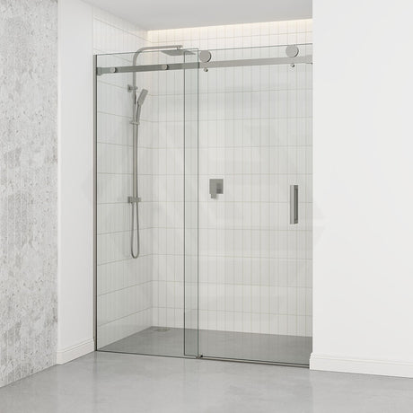 Tempered Glass Wall To Wall Sliding Shower Screen Frameless Square Handle Brushed Nickel