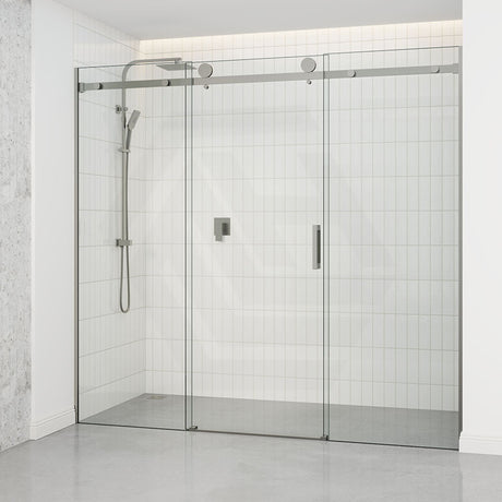 Tempered Glass Sliding Shower Screen 3 Panels Frameless Wall To Wall Brushed Nickel