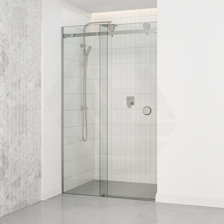Tempered Glass Wall To Wall Sliding Shower Screen Frameless Round Handle Brushed Nickel