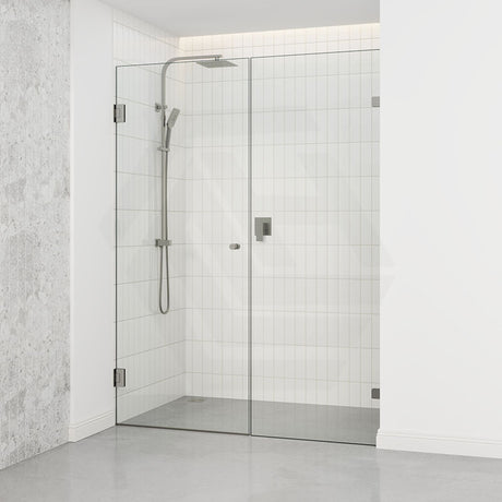 Tempered Glass Frameless Shower Screen Wall To Wall 2 Panels Pivot 940-1425mm Brushed Nickel