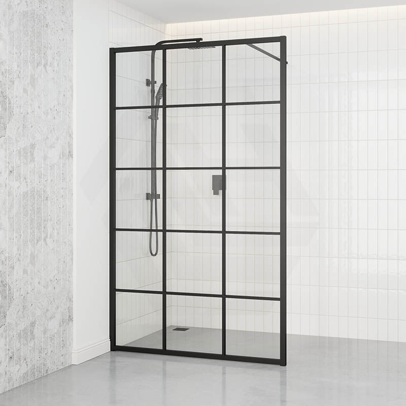 Walk-in Shower Screen Grid Framed Fixed Single Panel Black