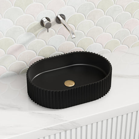 480X345X140Mm Stadio Groove Fluted Oval Above Counter Matt Black Artificial Stone Basin Basins
