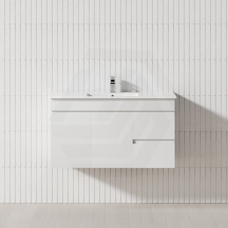 600-1500mm Gloss White MDF Wall Hung Vanity With Left Side Drawers