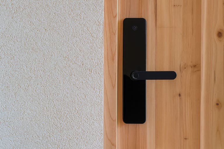 Modern black smart door lock installed on a wooden door next to a textured wall.