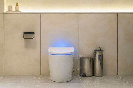 Modern smart toilet with blue LED light in a minimalist bathroom with tiled walls and stainless steel bins.