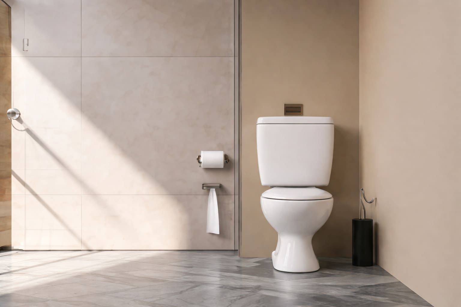 Modern bathroom with white toilet, beige tiled walls, marble floor, and minimalist toilet accessories.