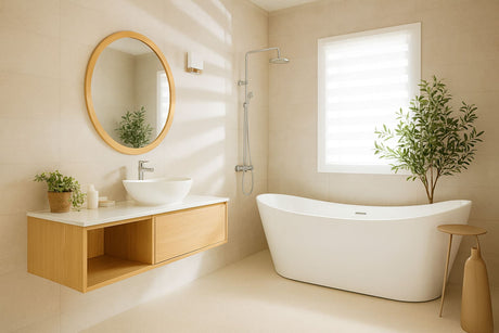 Bathroom with a freestanding bathtub, wall-mounted sink, wooden vanity, and natural light from a window.