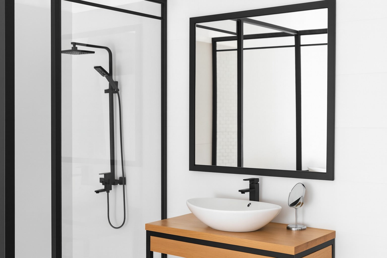 Modern bathroom with black framed shower and vessel basin
