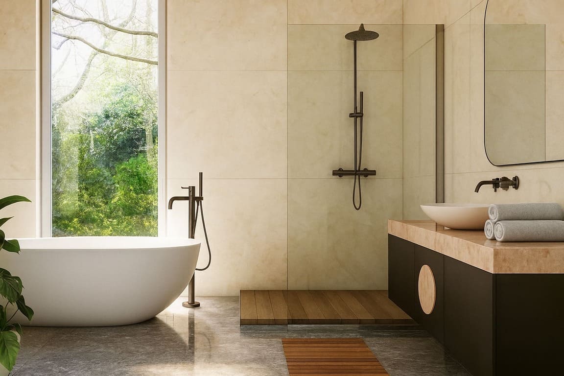 Modern bathroom with freestanding bathtub, walk-in shower, and large window overlooking greenery.