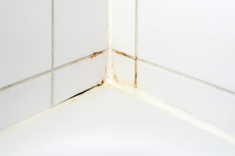 Bathroom tile corner with cracked caulk and stained grout showing mould and water damage.