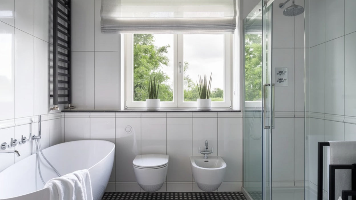 Bright modern bathroom with toilet, bidet, bathtub and glass shower