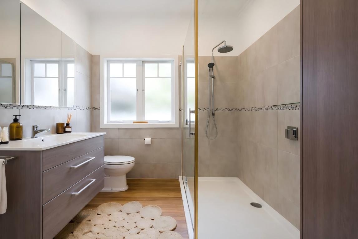 Modern bathroom with walk-in glass shower, timber vanity, frosted window, and neutral wall tiles.