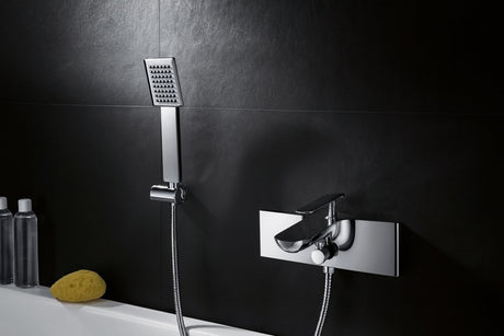 Modern chrome bath mixer tap with handheld shower