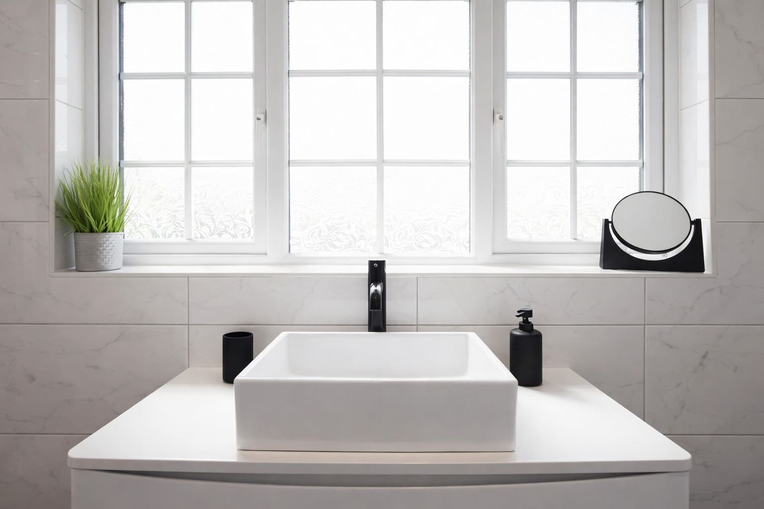 Modern bathroom vanity with square basin, black mixer tap, marble-look wall tiles, and frosted window.