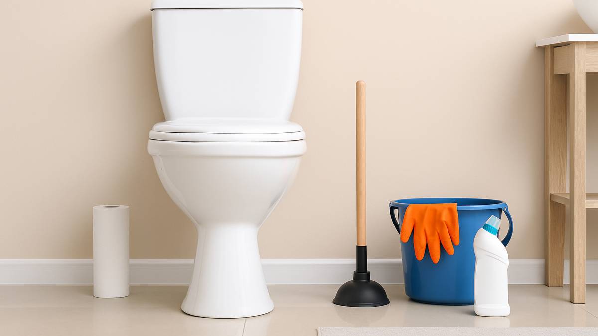 Toilet with plunger and cleaning supplies in a bathroom