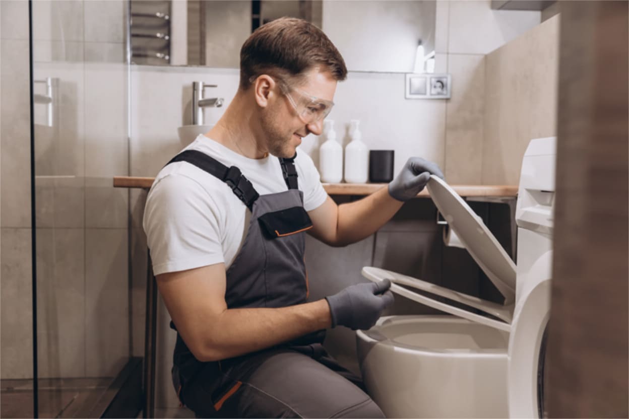 Plumber fixing a toilet seat in a modern bathroom