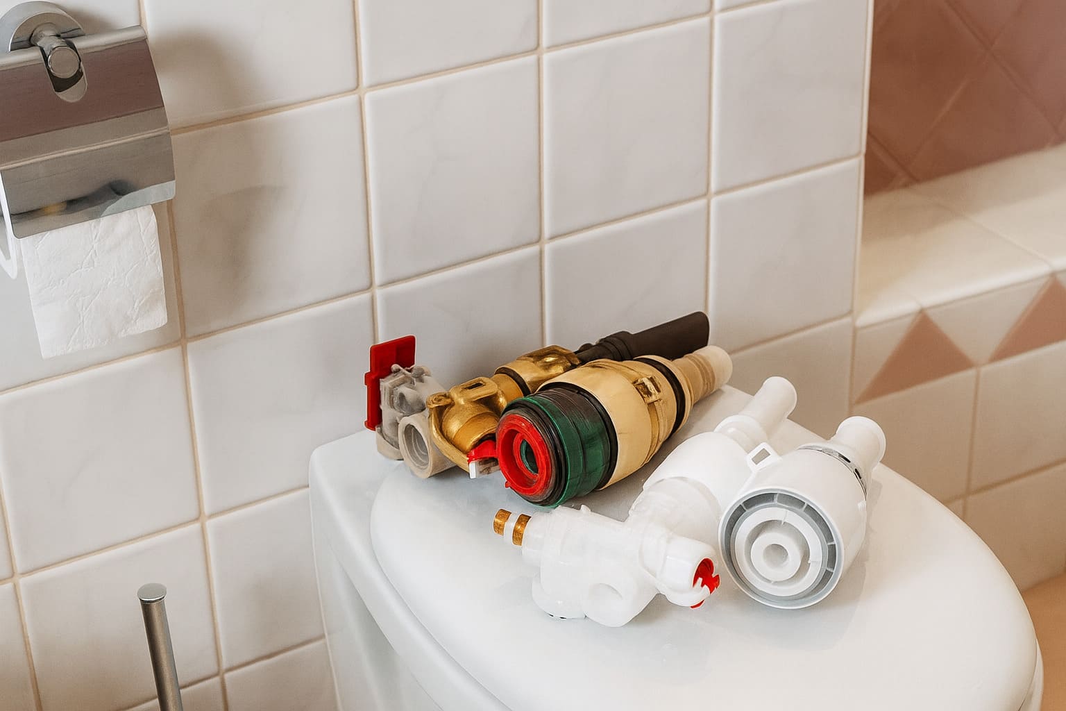 Toilet tank components and parts placed on the toilet seat