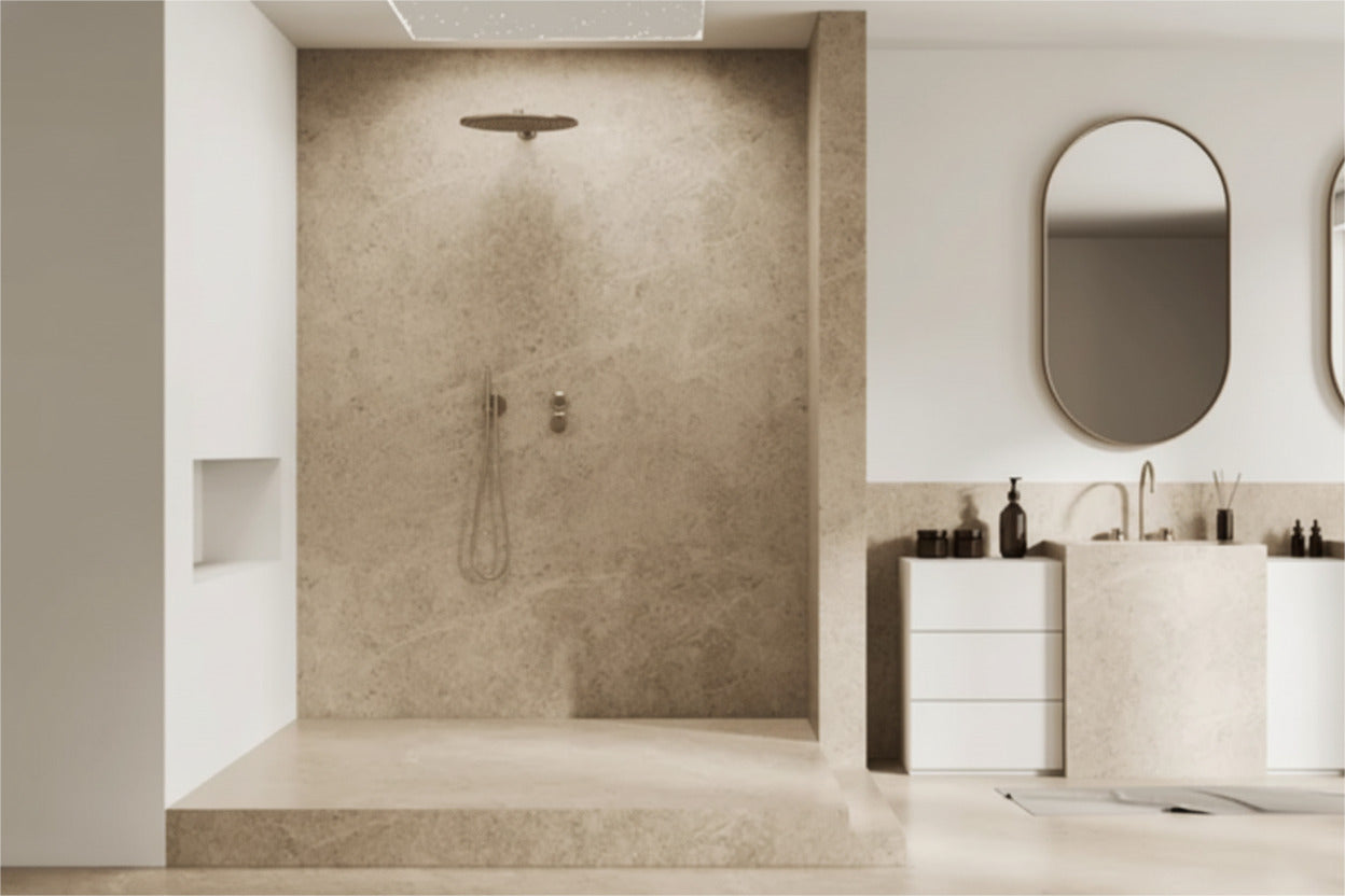 Modern shower with minimalist design and beige marble walls